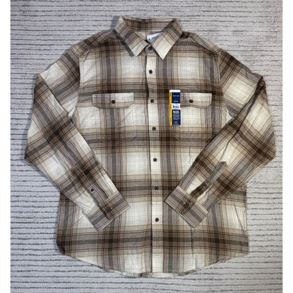 George Mens Super Soft Flannel Shirt Vallejo Tan Plaid Size L 42-44 NEW